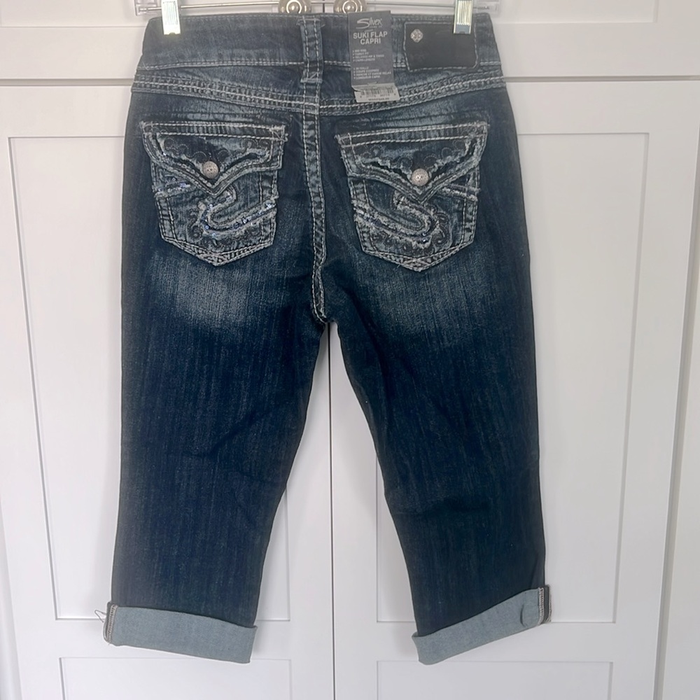 SILVER JEANS Women’s Suki Flap Capri Blue Cropped Ankle Denim Sequin Size 26
